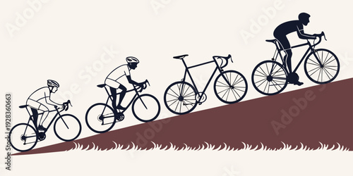 Four cyclists riding up a steep hill with determination and effort. Vector