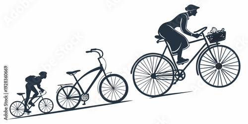 Evolution of bicycles from tricycles to modern bicycles with riders Vector