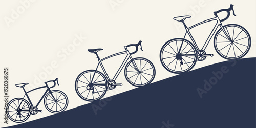 Series of bicycles with different frame styles and components displayed on a blue background Vector