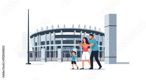 A family of tourists, including a father, mother, and child, take photographs of a large modern sports stadium from the outside.