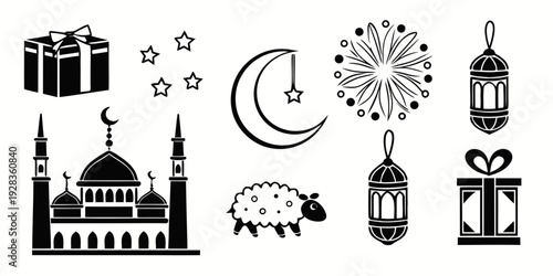 Celebrating ramadan with lanterns, crescent moon, and mosque Vector
