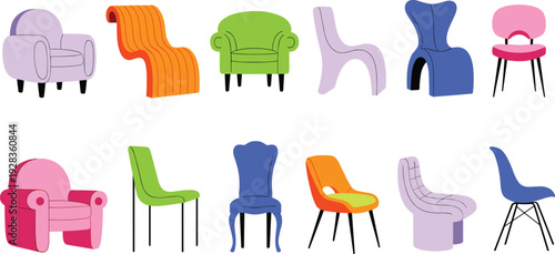 Modern chair collection illustration, colorful furniture seating designs, contemporary armchairs and stools, interior decor seating icons isolated vector set