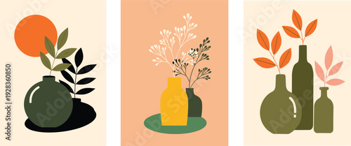 Minimalist botanical vase composition illustration, modern abstract plant arrangements, decorative leaves artwork, contemporary home decor posters isolated vector collection