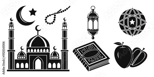 Islamic symbols and artifacts displayed in a decorative arrangement Vector
