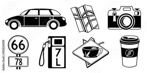 Assorted icons representing travel, photography, and road trips Vector