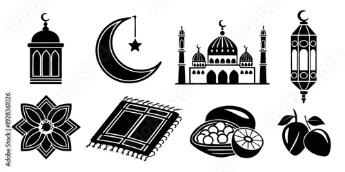 Assorted islamic symbols and artifacts in black and white Vector