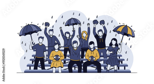 A group of enthusiastic sports fans with umbrellas and pom-poms cheer from the bleachers during a rainy day event.