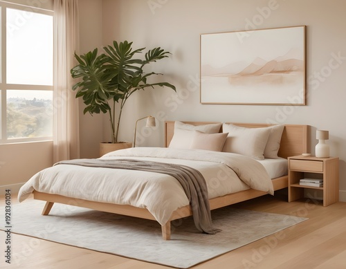 Minimalist Japandi Bedroom Interior with Natural Light and Wooden Furniture