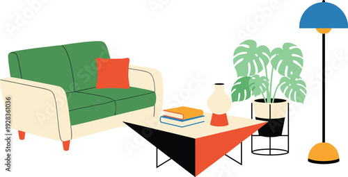 Modern living room interior illustration, cozy sofa with coffee table, houseplant and floor lamp, contemporary home furniture vector design