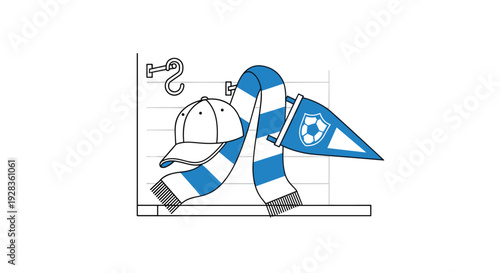 A fan's blue and white striped scarf, baseball cap, and team pennant are displayed on a shelf in a simple line art illustration.