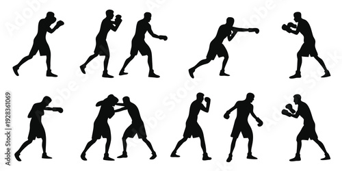 A sequence of silhouettes demonstrating various martial arts techniques and stances. Vector