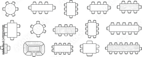 Office meeting table top view collection illustration, conference desk layouts, workspace furniture plan icons isolated vector design set