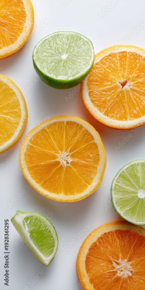 Fototapeta premium Fresh slices of orange and lime on white background