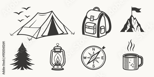 A collection of camping equipment and symbols for outdoor adventures Vector