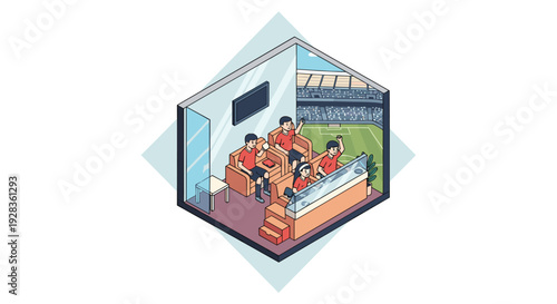 An isometric pixel art illustration depicts four fans in red shirts watching a soccer match from a comfortable luxury skybox in a stadium.