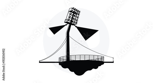 A stark black and white silhouette illustration of a stadium floodlight tower on an isolated platform, casting two beams of light against a circular grey background.