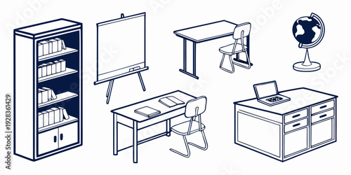A variety of office furniture including desks, chairs, and storage units Vector