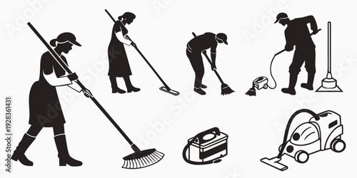 Illustration of various cleaning tools and activities for household maintenance. Vector