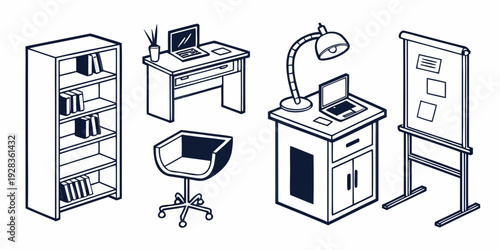 A variety of office equipment and furniture arranged in a modern workspace Vector