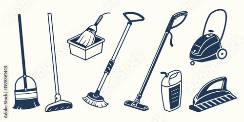 A variety of cleaning tools and equipment arranged in a row Vector