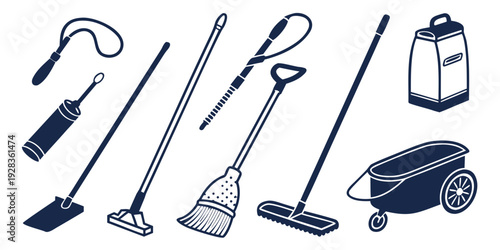 Assorted cleaning tools including brooms, mops, and a vacuum cleaner Vector