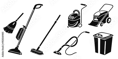 A variety of cleaning tools and equipment arranged in a row Vector