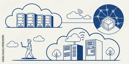 A vibrant illustration of various cloud computing services and technologies Vector