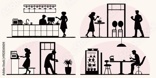 Illustrations of a family's daily routine and activities at home Vector
