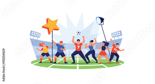 A vibrant flat illustration of a diverse group of cheering fans celebrating a victory on a soccer field in a brightly lit stadium, with one person holding a large star.