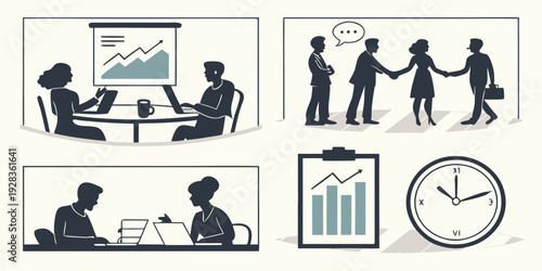 Illustrations of business activities and collaboration in a professional environment Vector