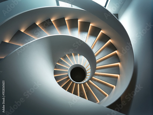 Modern minimalist spiral staircase with warm LED lighting, abstract interior architecture, 3D render
