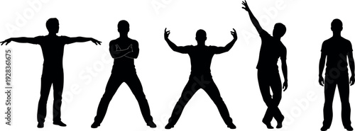 Set of five male silhouettes in various standing poses isolated on a white background for versatile graphic vector design projects.