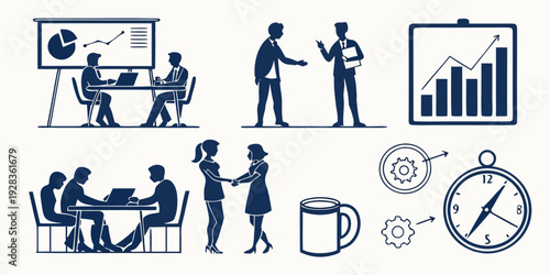 Diverse group of people collaborating and analyzing data in a modern office setting. Vector