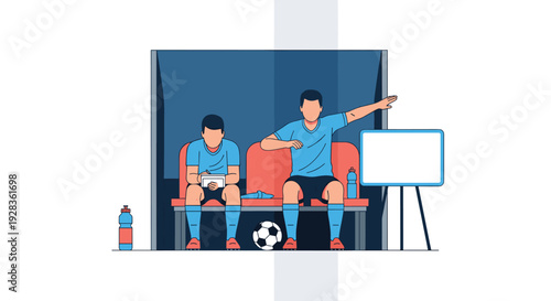 A flat vector illustration of a soccer coach giving instructions to a player who is taking notes on a clipboard while they both sit on the bench inside a team dugout.