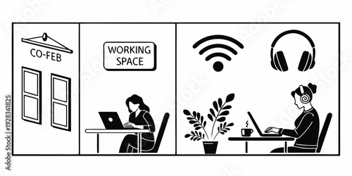 People working in a cozy and comfortable shared working space with free wi-fi Vector