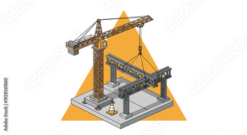 An isometric vector illustration of a yellow tower crane actively lifting a steel truss into position on a construction site, set against a bold orange triangular background.
