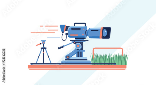 A professional blue television broadcast camera on a large tripod is set up on a platform, ready to film a sporting event with a smaller tripod and grass nearby.