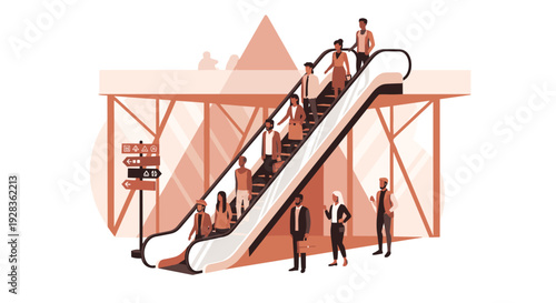 A diverse group of people in business and casual attire ride an escalator upwards in a modern public space like an airport or subway station, shown in a flat vector style.