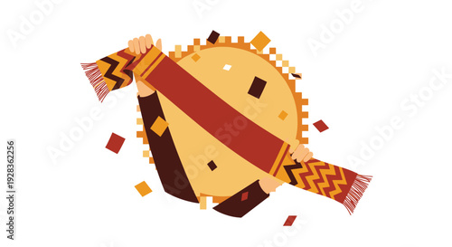 Two hands hold up a striped fan scarf in celebration, with a pixelated sun and falling confetti in the background, depicted in a warm, flat vector illustration.