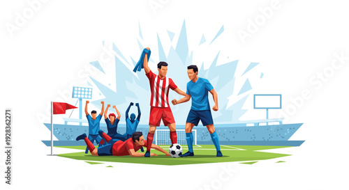 A soccer player in a red and white striped uniform celebrates a goal on the field as other players react, all set against a stylized stadium background.