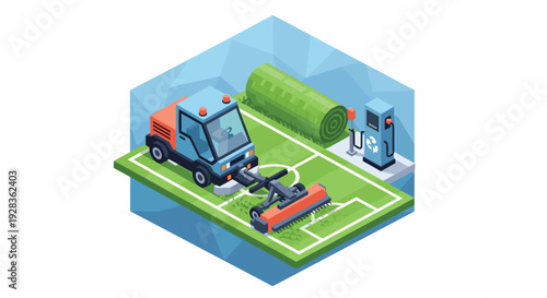 An isometric illustration of an electric groundskeeping vehicle and a roll of turf on a soccer field next to a charging station.