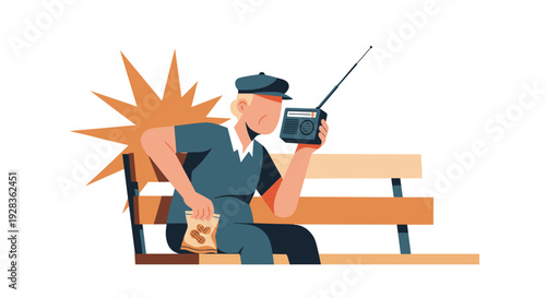 An illustration of an elderly person sitting on a bench, listening intently to a portable radio while holding a bag of peanuts.