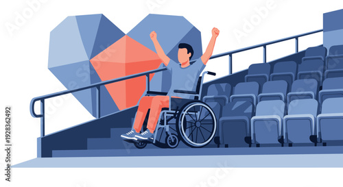 An illustration of a person in a wheelchair cheering with arms raised in an accessible stadium seating area with a geometric heart.