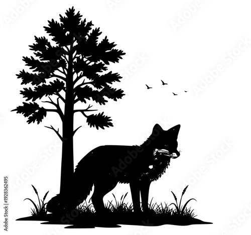 ack and white illustration of a fox standing on a grassy hillside with trees in the background, animal, forest, fox, illustration, pine, profile, red, stand, tree, wood, against transparent background