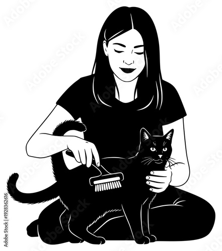  woman sitting and holding a black cat while using a brush, barber, black, brush, cat, catch, clipper, comb, floor, girl, hair, hairbrush, illustration, lap, pet, woman, against transparent background