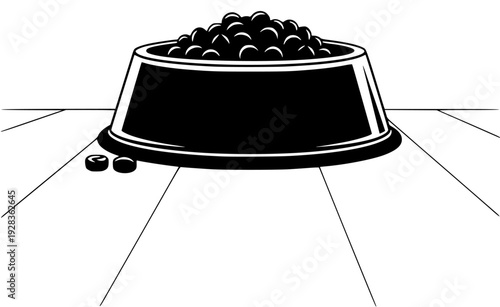 A black and white illustration of a bowl filled with food on a wooden floor, black, bowl, caviar, dog food, floor, food, illustration, olive, plate, table, against transparent background
