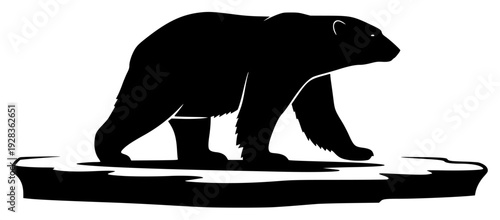 A black and white silhouette of a bear walking across a puddle, animal, bear, black, brown bear, ice, ice floe, iceberg, illustration, profile, stand, walk, against transparent background