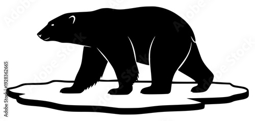 A black and white silhouette of a bear standing on a puddle, animal, bear, black, brown bear, ice floe, iceberg, illustration, profile, stand, stone, against transparent background