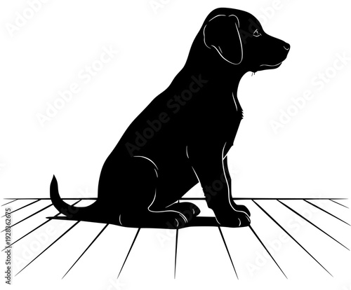 A black and white silhouette of a puppy sitting on a wooden floor, black, dog, floor, illustration, image, laboratory, labrador, profile, sit, wood floor, against transparent background