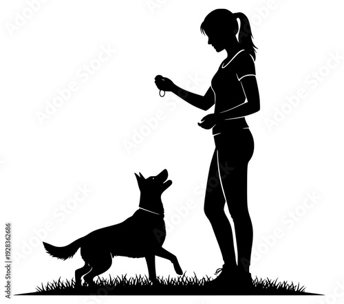 A silhouette of a woman playing with a dog in a park setting, dog, girl, illustration, jog, leash, park, pet, profile, walk, woman, against transparent background